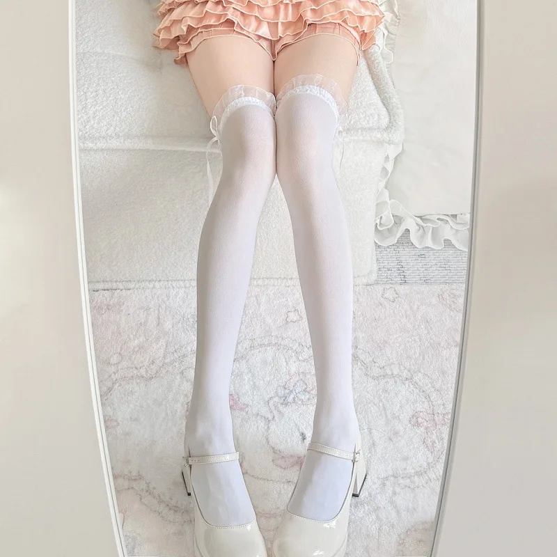 Weiße Spitzenstrümpfe mit Schleife für Damen, transparente Overknee-Socken, Lolita Cosplay, romantische Date-Overknee-Socken, lange Socken – Detail 10