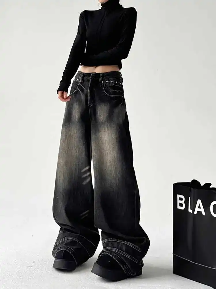 Jean gothique noir Y2k pour femmes, pantalon en Denim Baggy de Style japonais Harajuku des années 2000, Vintage surdimensionné Emo Jean, pantalons longs, vêtements