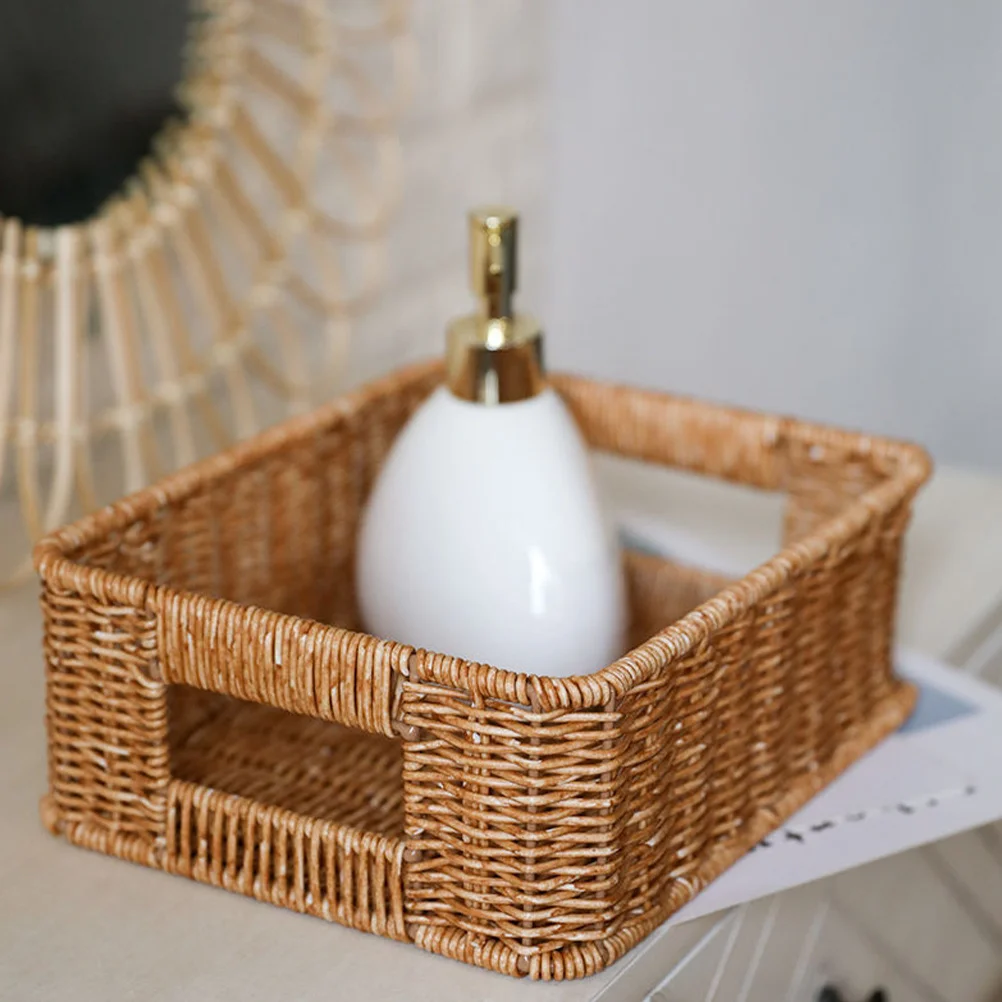 

Double Handle Storage Basket Light Brown Vintage Rattan Woven Organizer for Bathroom Kitchen Living Room Desktop Sundries