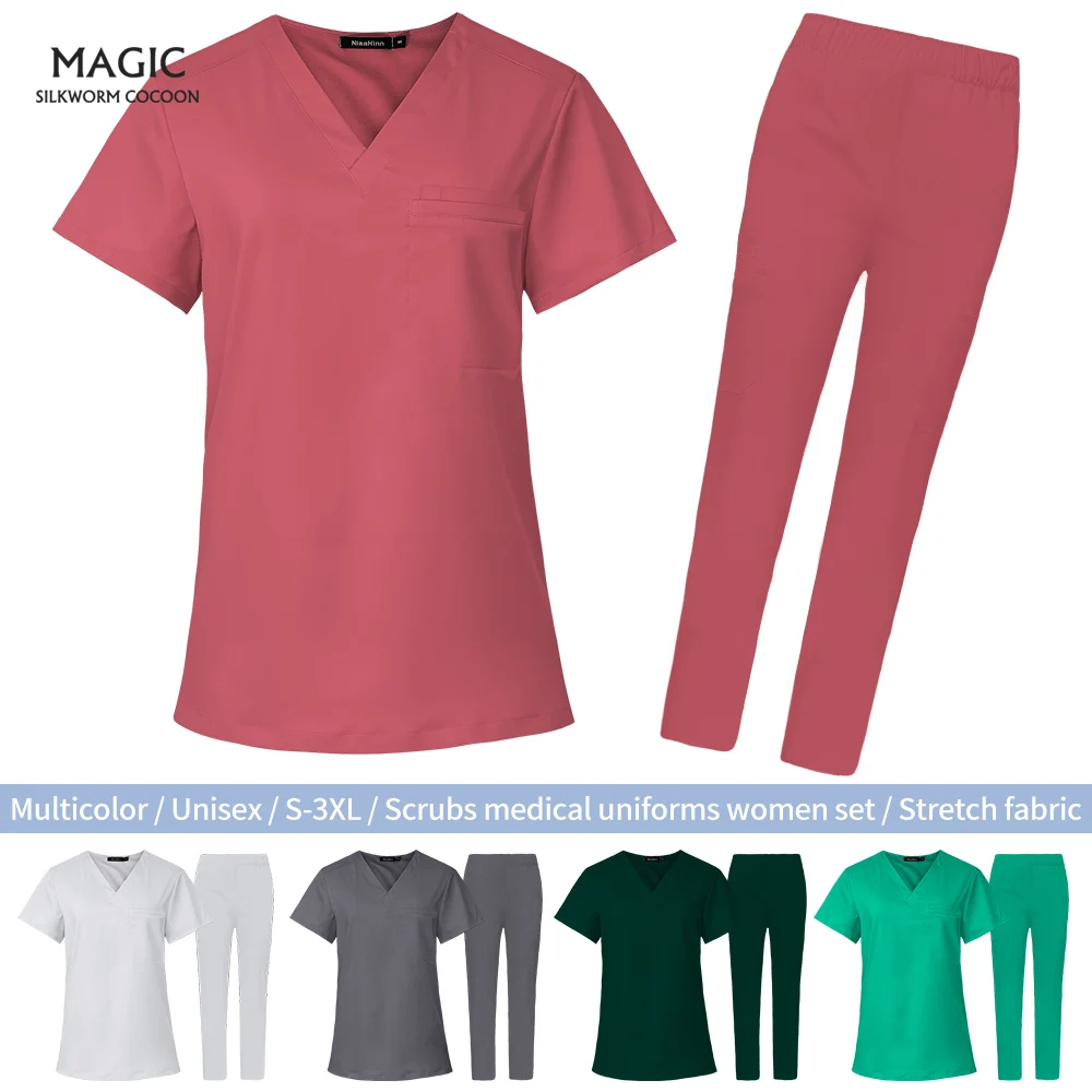 

Operating Room Medical Uniforms Women Short Sleeved Scrubs Work Clothes V-Neck Scrubs Suits Summer Uniformes Medical Accessories