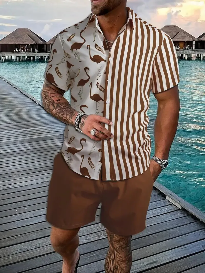 Hot Sale Summer Men\'s Lapel Shirt Shorts Set Flamingo Printing Quick-drying Fabric Casual Loose Fit Plus Size Holiday Beach Set