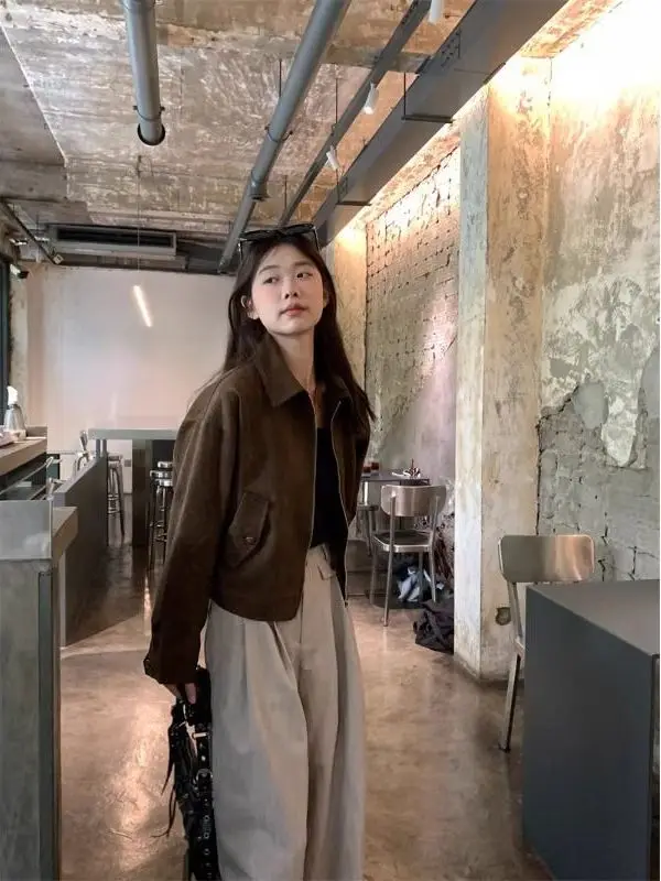 Cool ort Wildleder Jaet Damen Herbst Winter American Sle Retro Lazy Chic Leder Jaet Mantel für Damen Reißverschluss