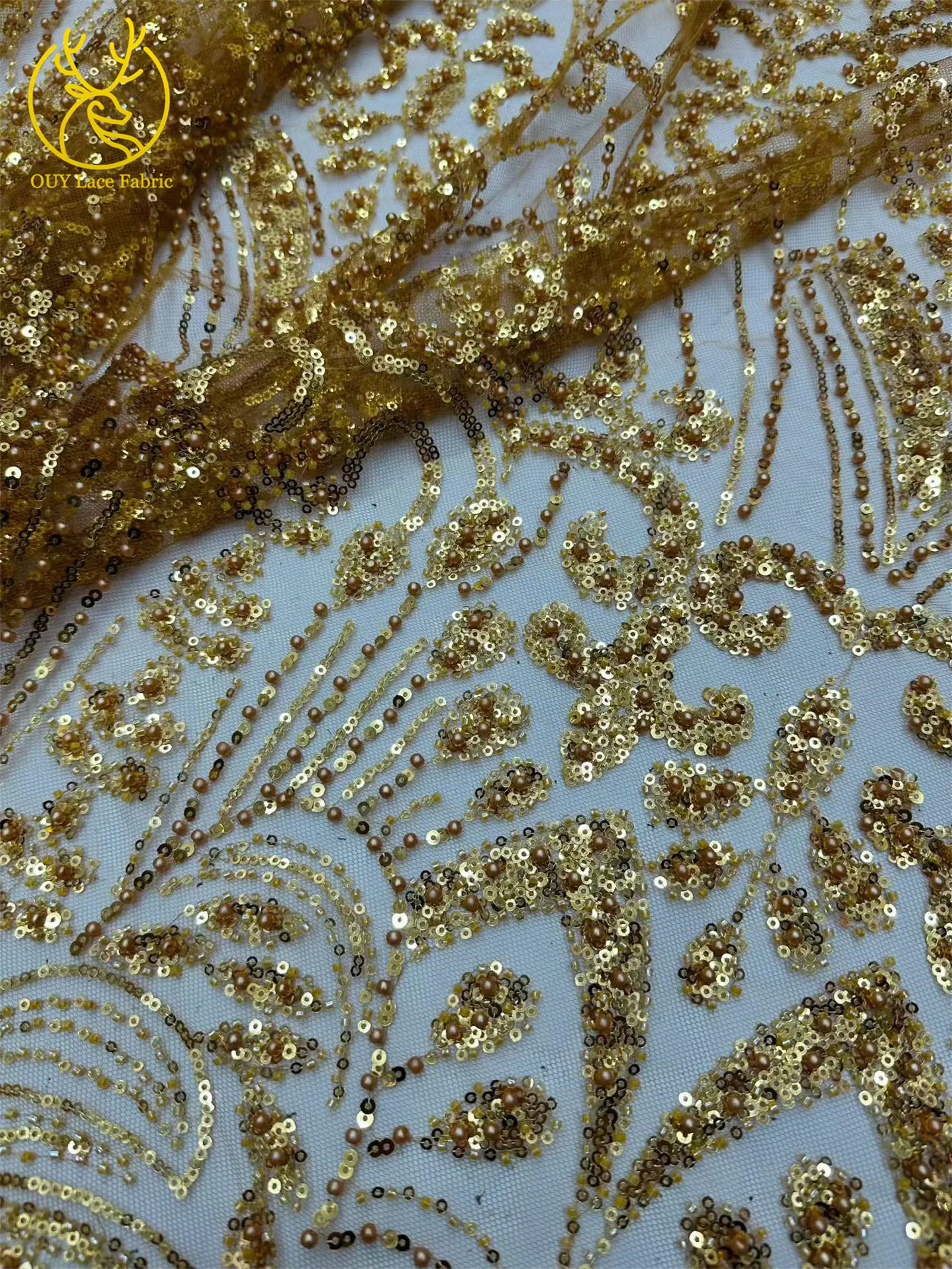 Goldener Luxus-Spitzenstoff mit Perlen und Pailletten, 5 Yards, afrikanischer Spitzenstoff, hochwertiger nigerianischer Netzspitzenstoff für Partykleider und Näharbeiten – Detail 21