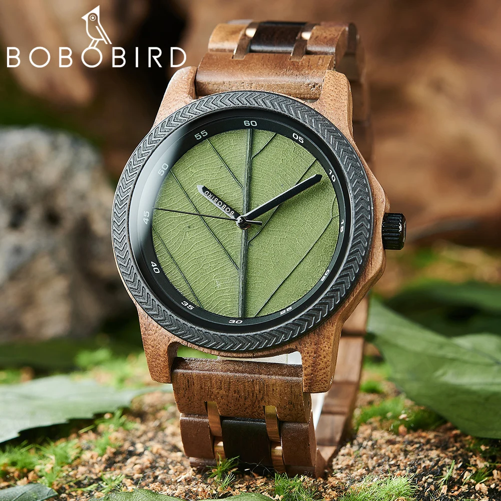 BOBO BIRD Orologi da uomo in legno quadrante a foglia fatto a mano Benedizione personalizzata Orologio da polso naturale Distintivo regalo in legno Supporto Dropshipping