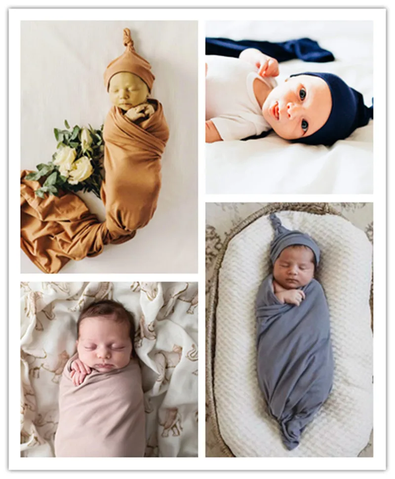 Newborn Swaddle Blanket And Hat Set Boys Girls Jersey Baby Swaddle Wrap Photography Props 45\