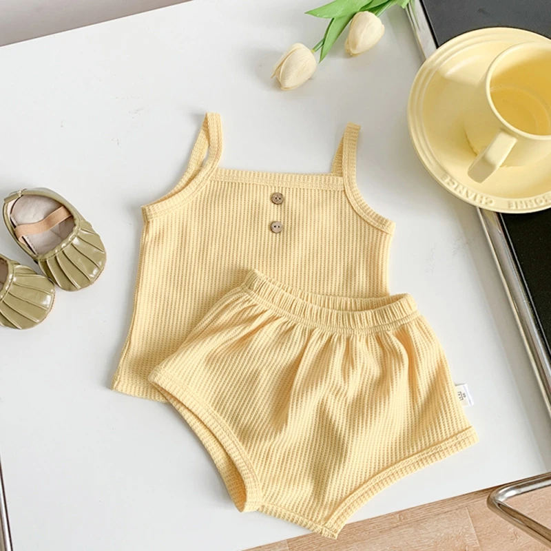 Baby Clothes Sets Summer Toddler Girl Strap Suits Solid Color Baby Boy Tops Tee and Shorts Infant Tracksuit Sets 4-11Y