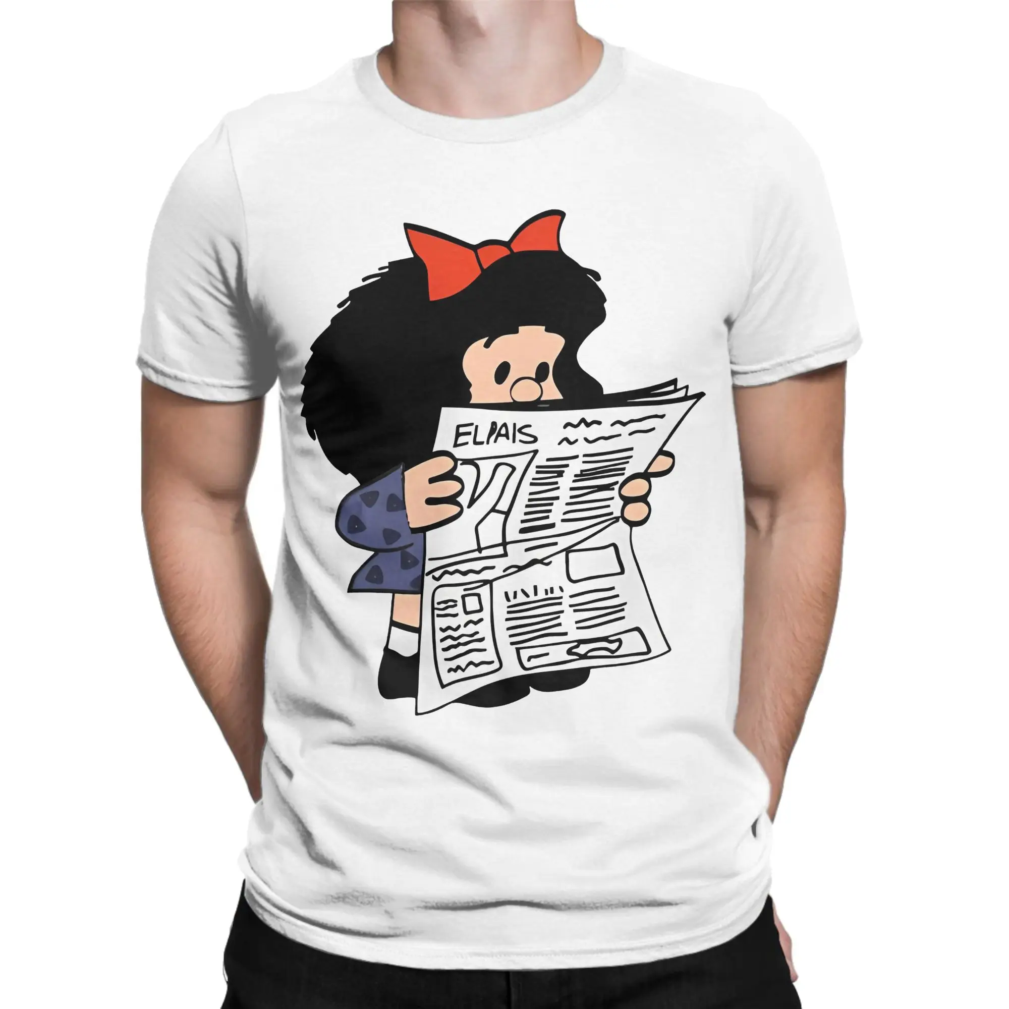 Mafalda with Newspaper Men Women T Shirt Anime Cartoon Fun Tee Shirt Round Collar T-Shirt Pure Cotton Gift Idea Clothing