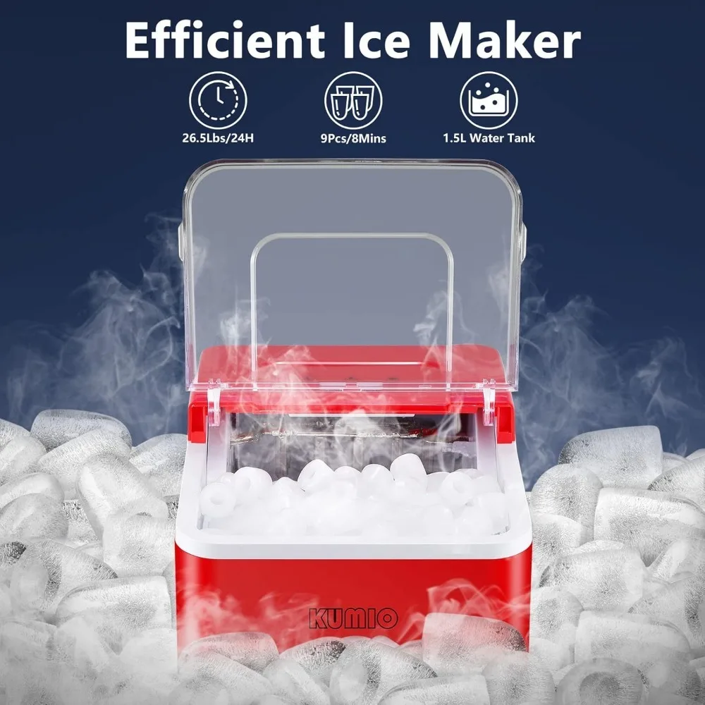 Ice Maker with Self-Cleaning , Scoop & Basket, 9  Bullet Ices Fast Making in 6-8 Mins, 26.5 Lbs in 24 Hrs, Ice Machine