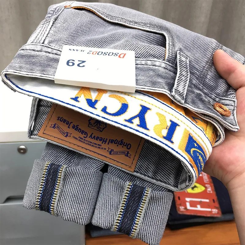 

Smoke Grey Slim Fit Men's Jeans Summer Thin American High Print Elastic Straight Leg Long Pants Wear Resistant mid Waist Zipper