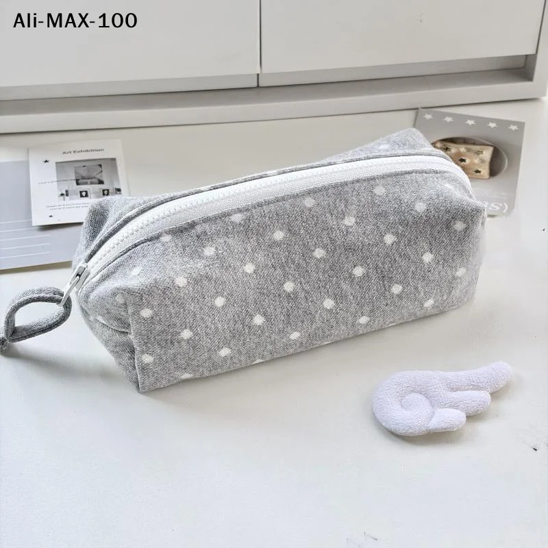 【AV】Soft Grey Polka Dot Canvas Pencil Case Large Capacity Smooth Zipper For Students School Office Daily Stationery Storage