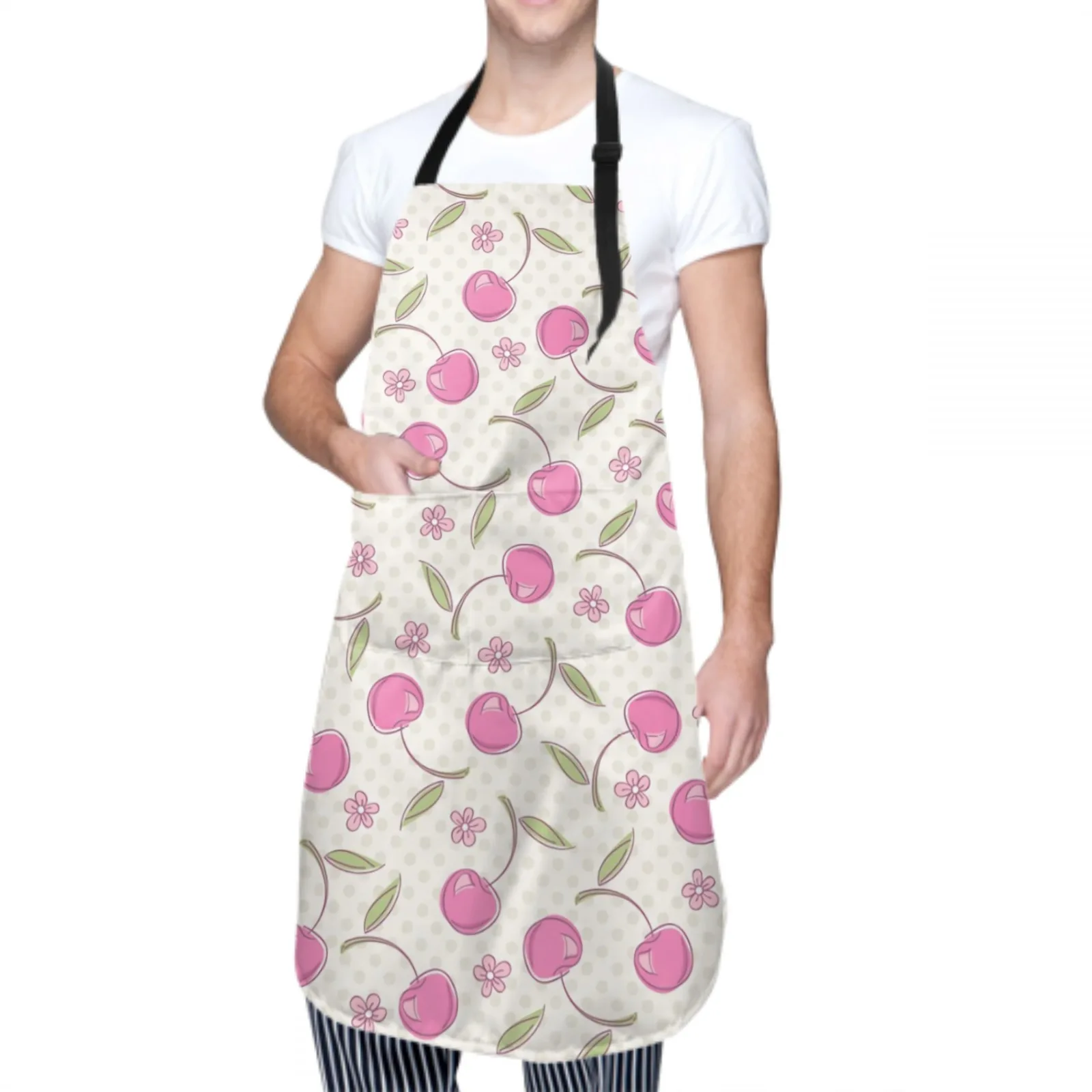 Colorful Cherry Waterproof Apron with 2 Pockets Kitchen Chef Apron  Apron for Hair Brushing Cooking Baking Painting Gardening