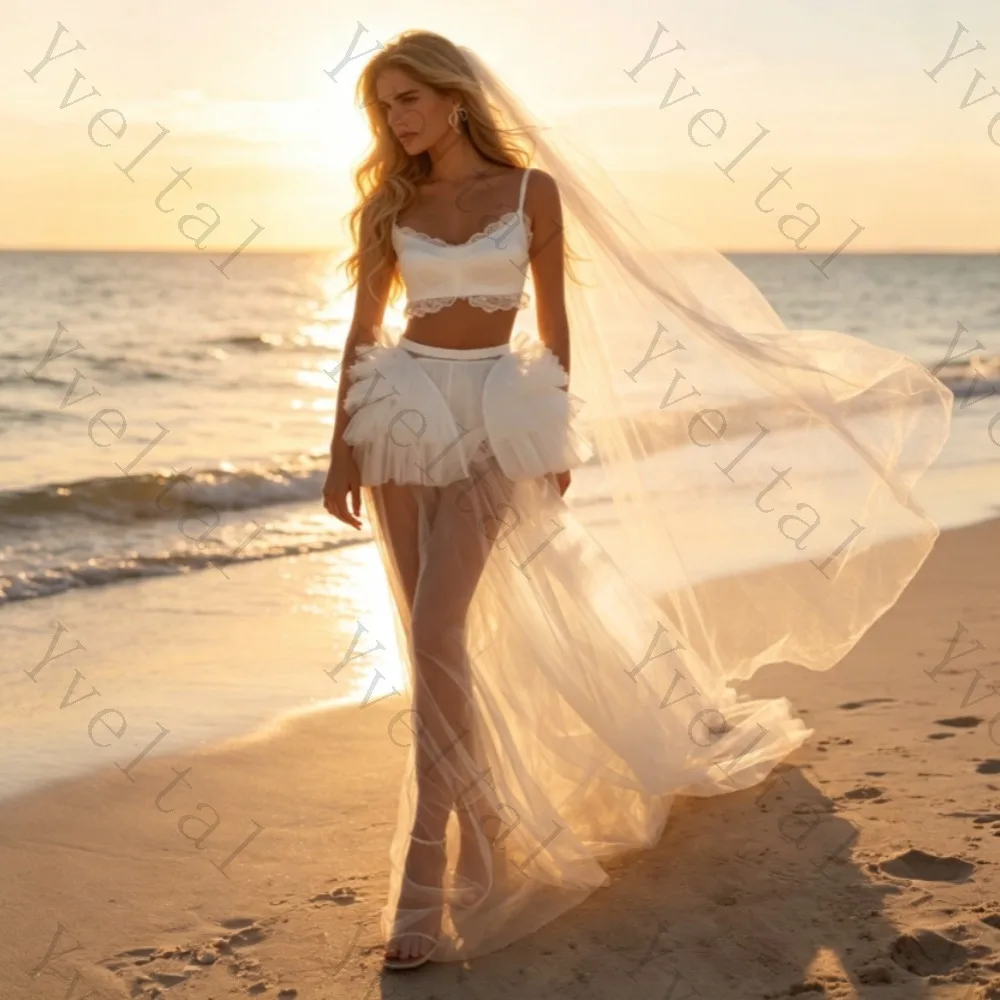 Customized Graceful Sexy Ivory White Satin Tulle 2 Piece Floor-Length Straight Wedding Dresses Spaghetti Strap Bridal Gown
