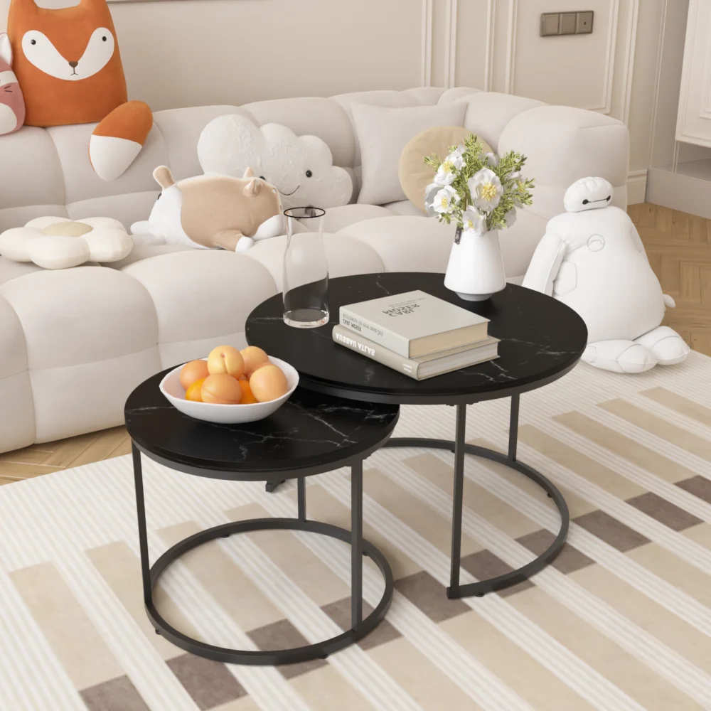 27.6 Inch Nesting Coffee Table Set Of 2, Round Table With Wood Marble Pattern Top And Sturdy Metal Frame, End Side Table For Living Room Bedroom Balcony Yard