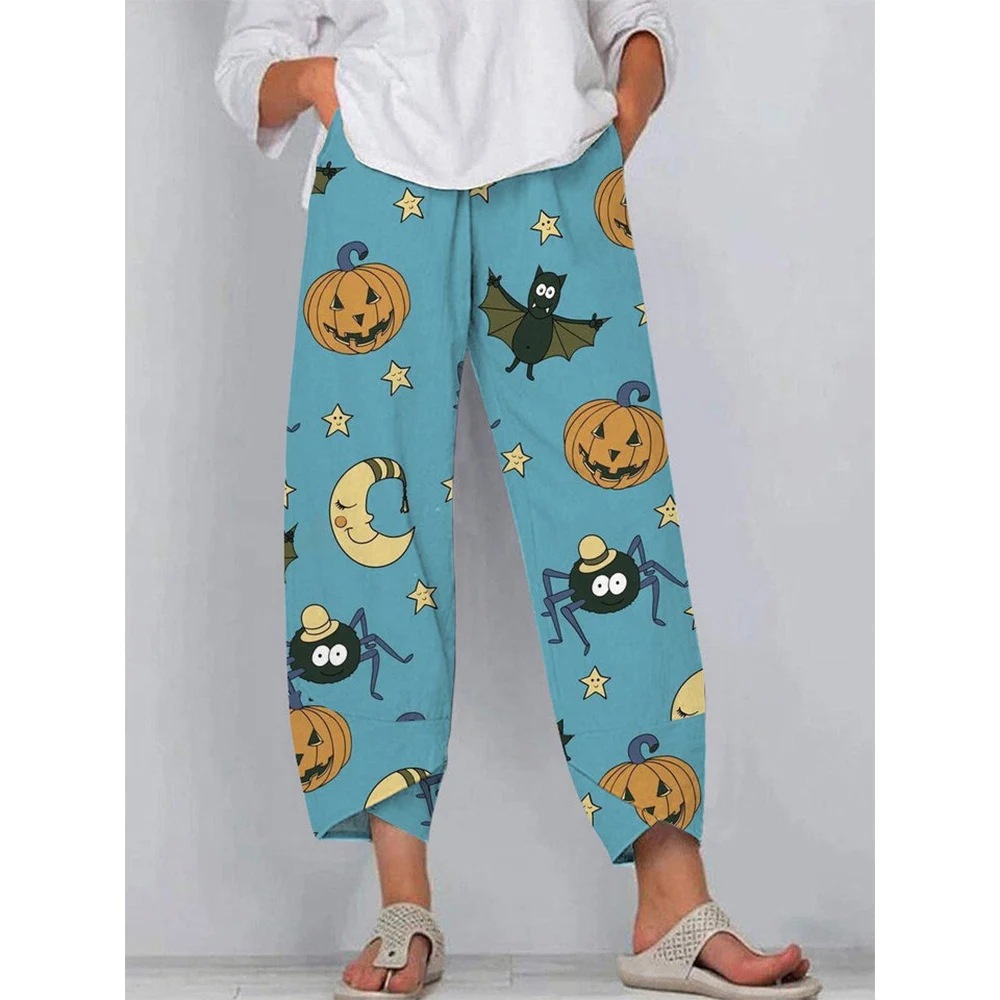 CLOOCL Women Pants Elastic Waist Wide Leg Pants Two-pocket Pants Lady Slacks Cute Kitten Print Kawaii Cartoon Trousers