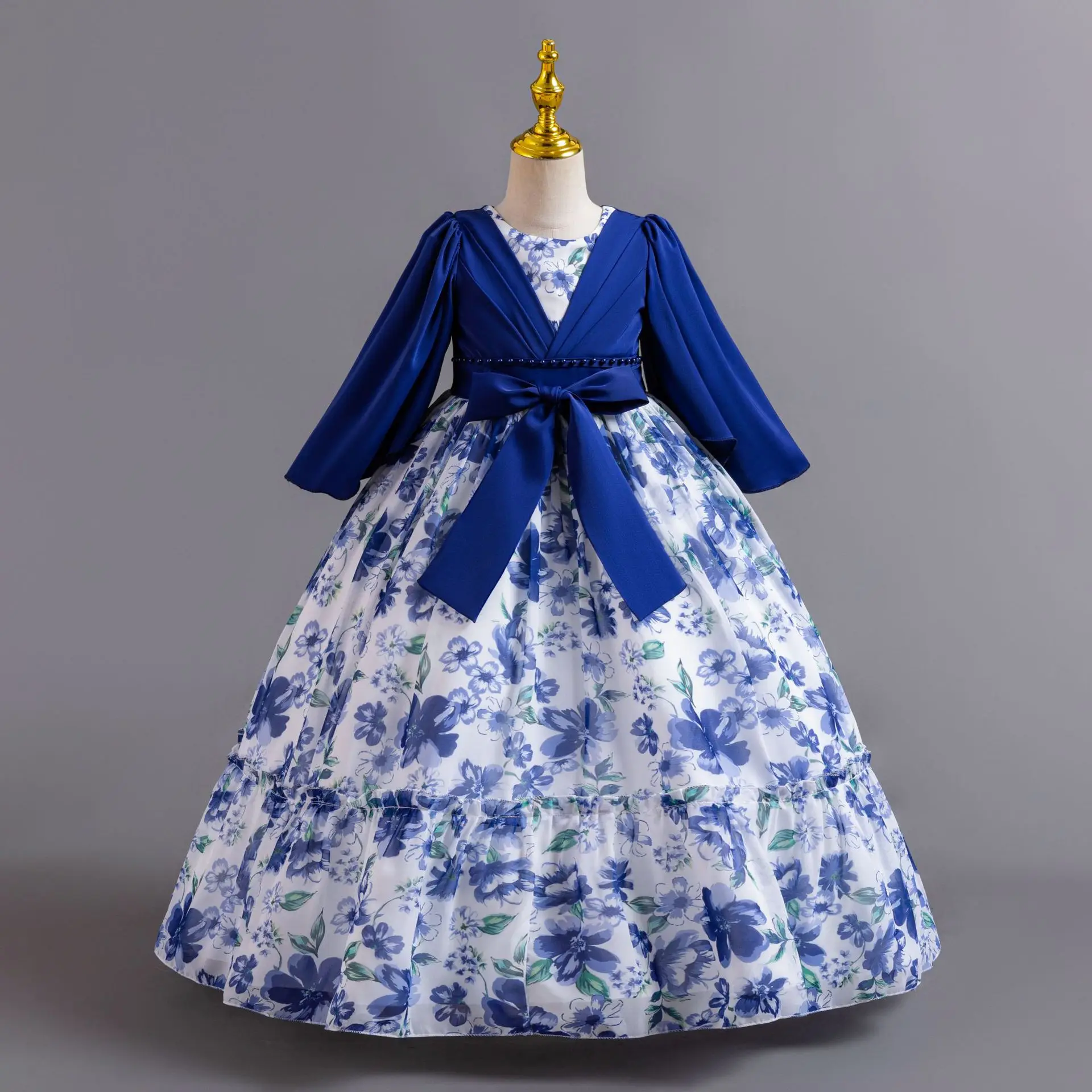 Robe de soirée en mousseline de soie pour petites filles, imprimé floral, pour mariage, fête d'anniversaire, reconstitution historique, AC135