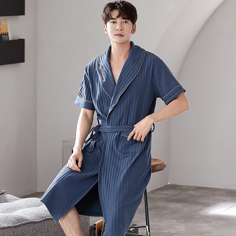 Men\'s Cotton Kimono Long Robes 4XL Short Sleeve Sleepwear Bathrobe Big Yards Nightgown Summer Lapel Home Clothes For Male