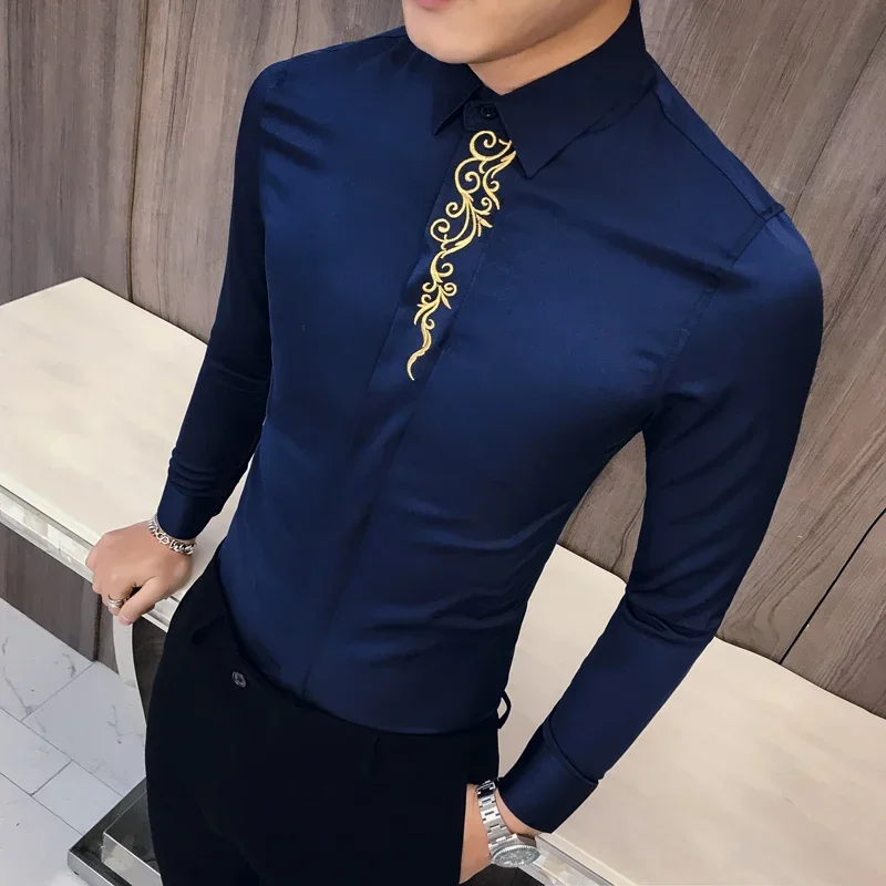

2023 Autumn Men Embroidered Shirt Camisa Hombre Long Sleeved Slim Fit Men Business Casual Shirt Formal Club Social Dress Shirt