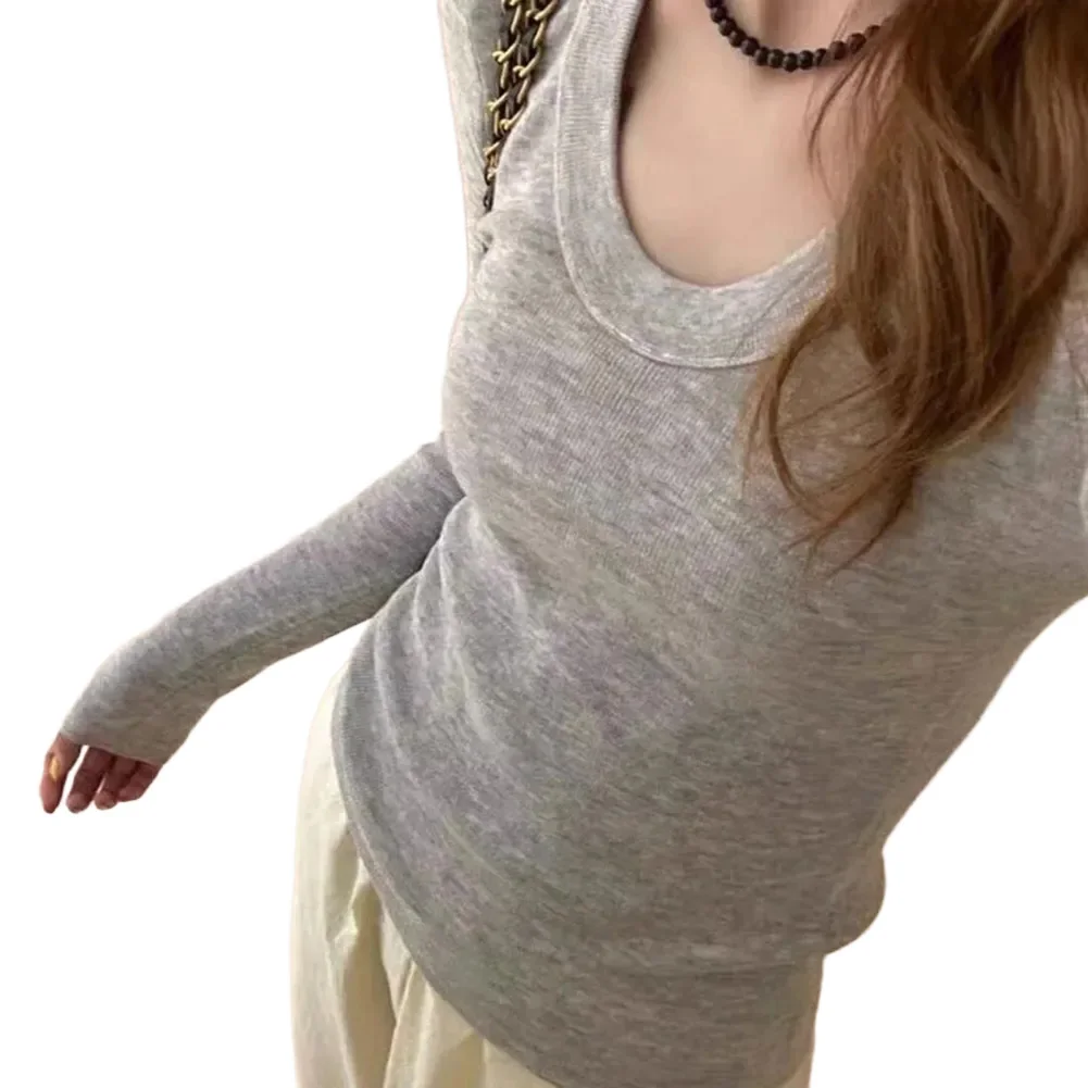 تي شيرت نسائي كوري برقبة على شكل حرف U وأكمام طويلة وطبقة أساسية كاجوال بقصة ضيقة ومصمم للاستخدام اليومي والعطلات