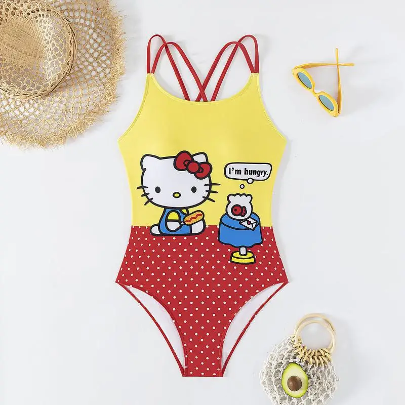 Sanrio Girl Bikini de una pieza Hello Kitty nuevo estilo traje de baño competitivo moda sin mangas cubierta del vientre playa traje de baño triangular