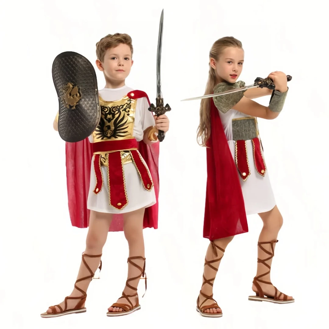 Cosplay d'Halloween pour enfants, garçons et filles, costumes de guerrier romain, costumes de cosplay de soldat de l'empire romain ancien, costume de fête