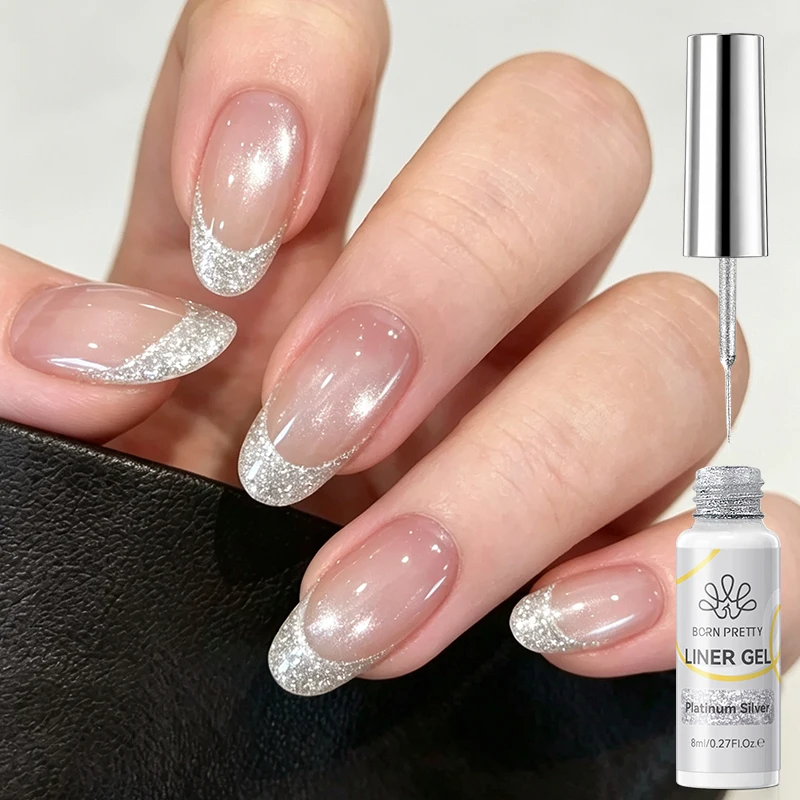 BORN PRETTY 8ml Platin-Silber Liner Gel Nagellack Glatter Flexibler Pinsel Glitzer-Farbe UV-LED Malgel DIY Nagelkunst