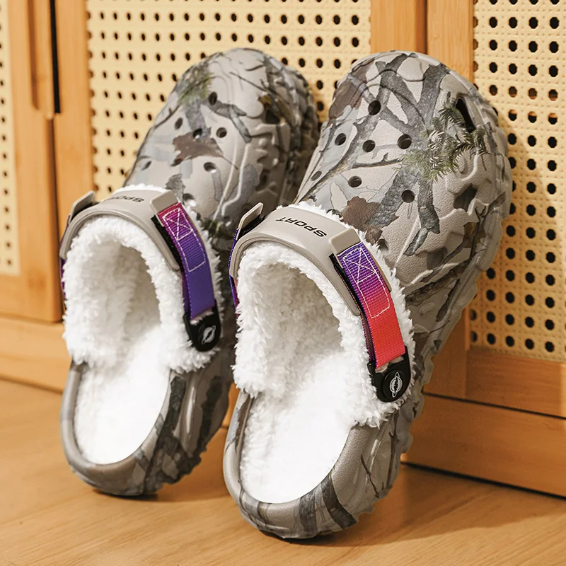 Plus Size 48 49 Men Winter Fleece Lined Clogs,Removable Fluffy Plush Insole Warm Slippers,Anti‑Slip Thick Bottom Home Footwear
