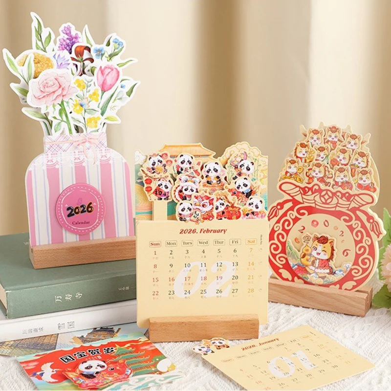 

Настольный календарь-планировщик в форме вазы с цветочным дизайном, деревянным основанием, съемной подставкой и отображением даты для дома