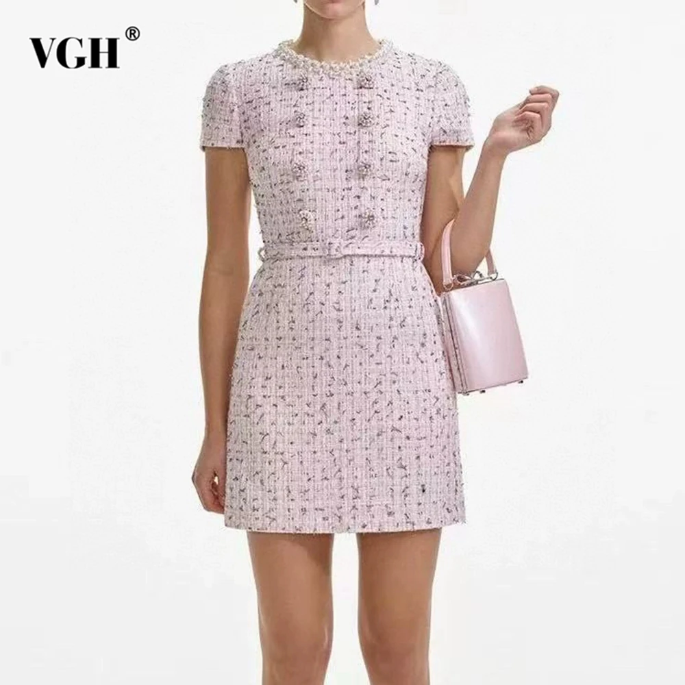 

VGH Slimming Printing Spliced Button Dresses For Women Round Neck Short Sleeve High Waist Elegant Dress Female Fashion Style New