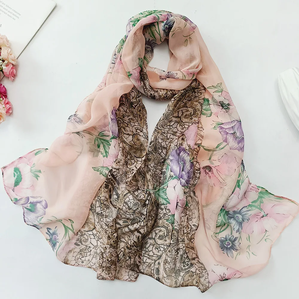 Half Color Flower Women Foulard Elegant Chiffon Georgette Bandana Scarf Summer Beach Sunscreen Thin Hijab