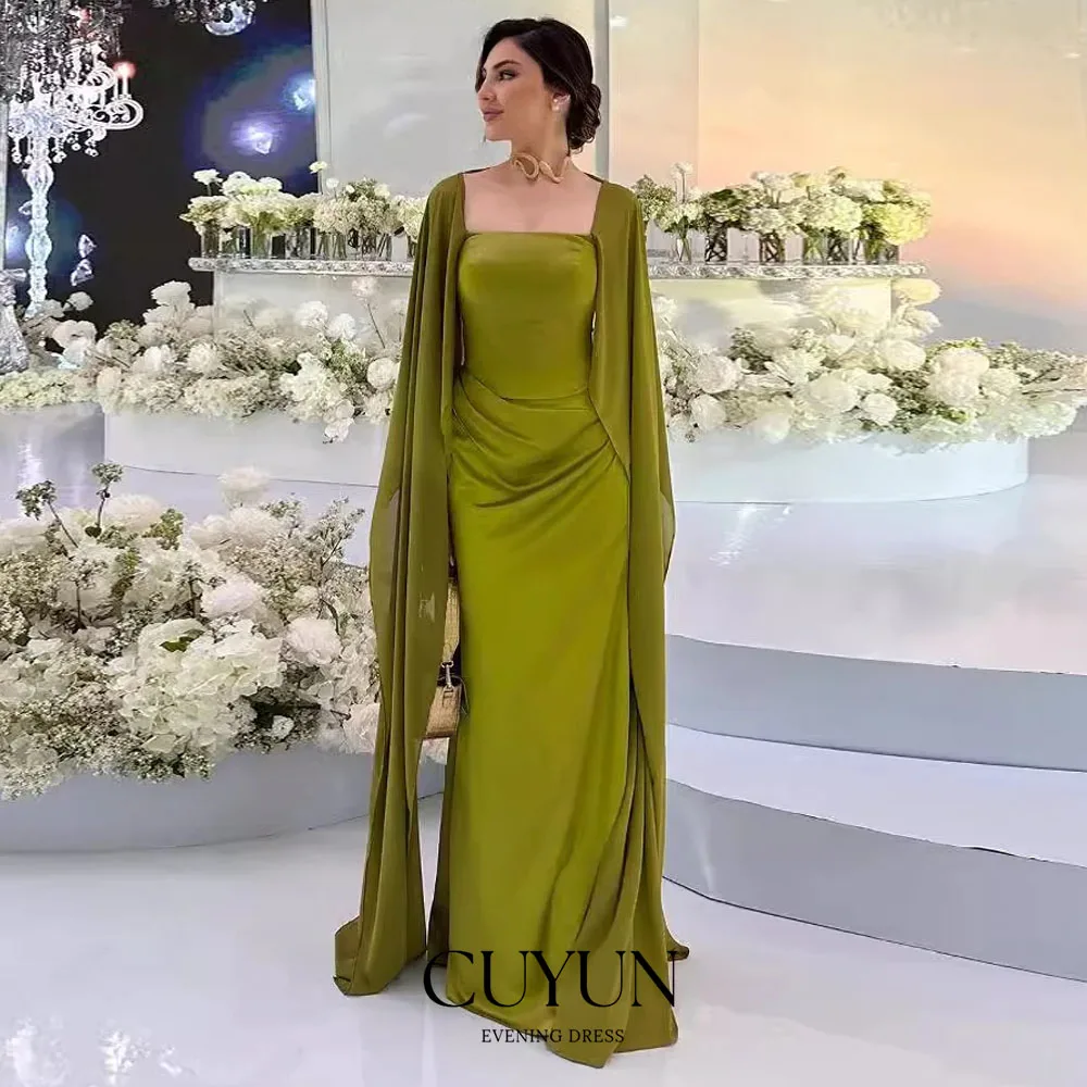 CUYUN Customized Sage Green Evening Gown Saudi Dubai Cape Sleeves Women Prom Party Gown Formal Event Dresses for Women