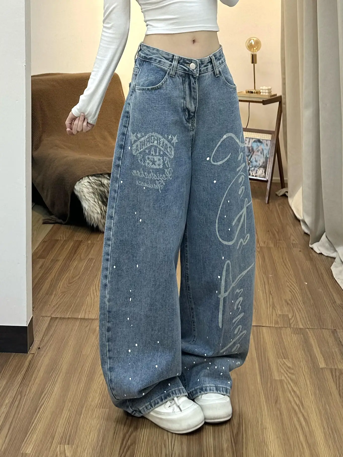 American Retro Letter Print Splashed Ink Curved Knife Jeans Women Spring Design Loose Slim Wide Leg Floor-Length Pants