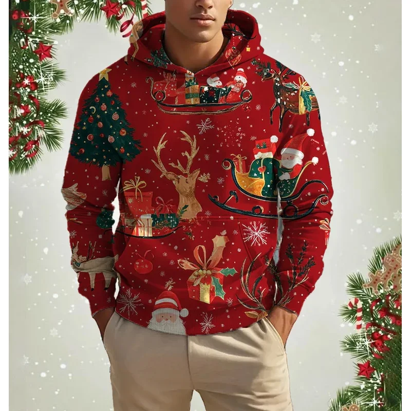 

Men's casual hoodie Christmas element fun series 3D reindeer car print pullover fashion sweatshirt pullover hoodie unisex