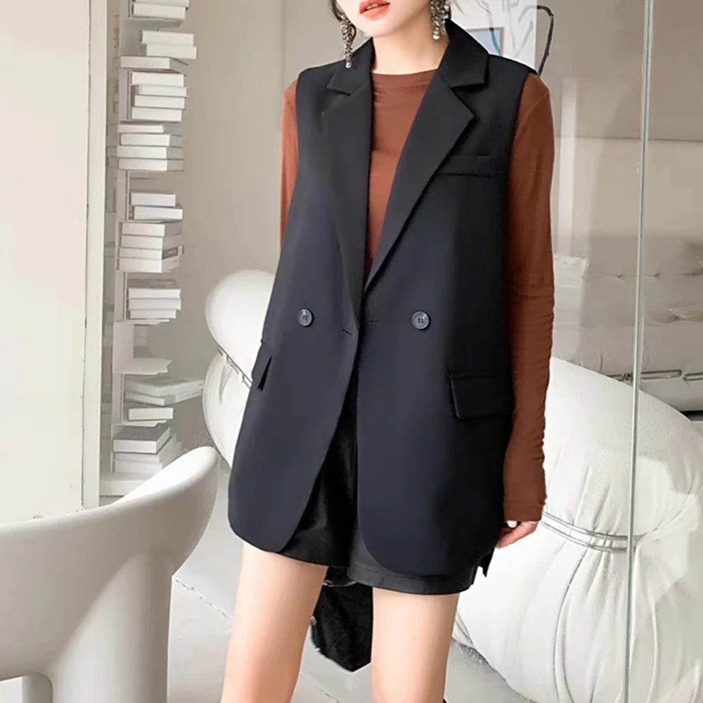 Elegant Women Blazer Vest Office Lady Loose Back Split Coat With Button Female Waistcoat Causal Suits Sleeveless Jacket Outwear