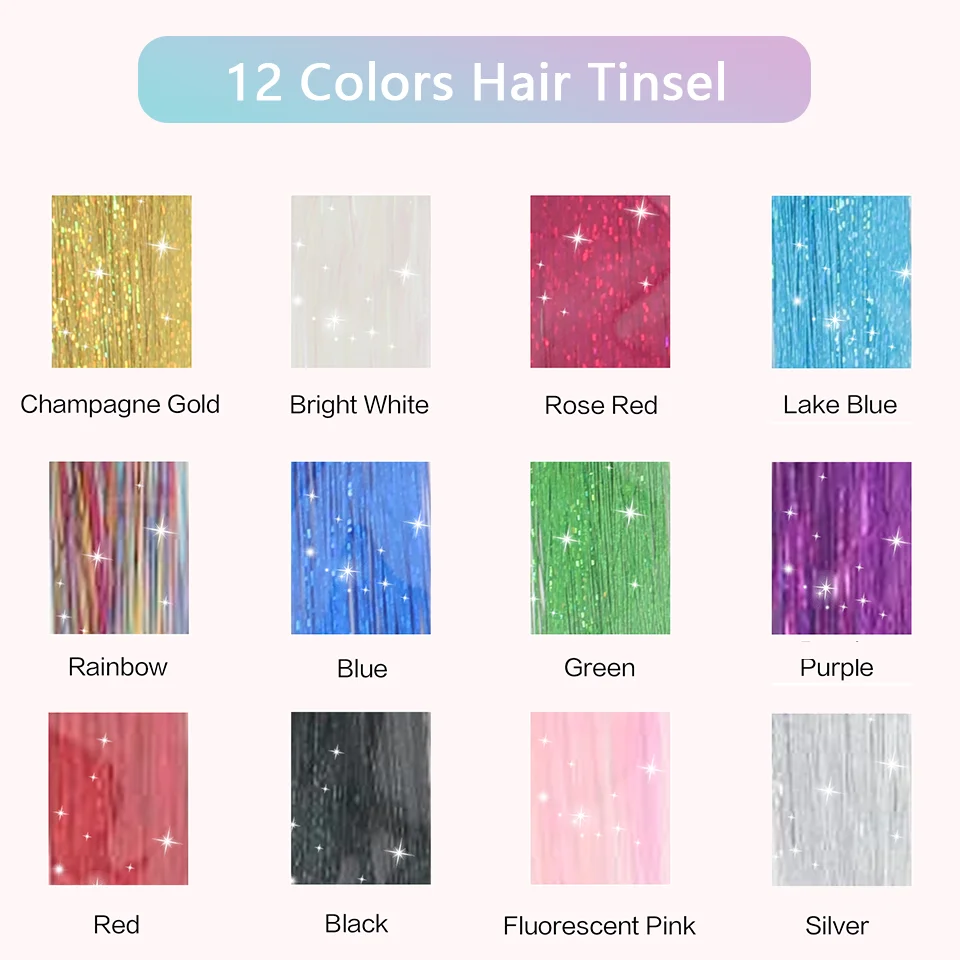 Kit de tinsel para cabello sintético de 48 pulgadas con herramienta, 1200 hebras, extensiones de tinsel en 12 colores, cabello de hadas brillante y reluciente 3