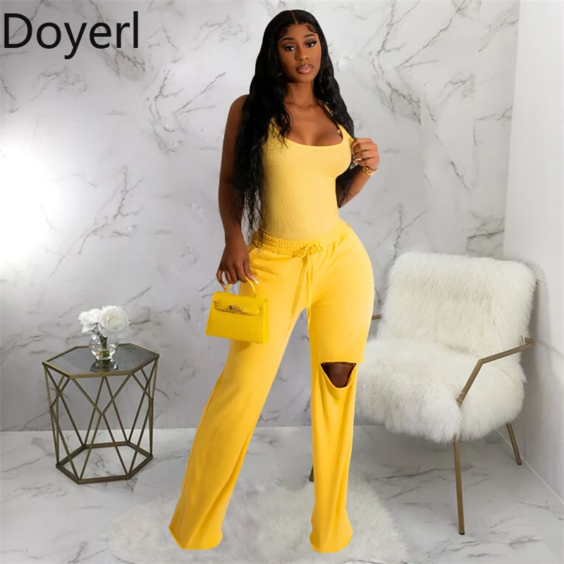 

Doyerl Sporty Casual Tracksuit Women Two Piece Outfit Activewear Workout Tank Bodysuit Top and Hole Straight Pants Matching Sets