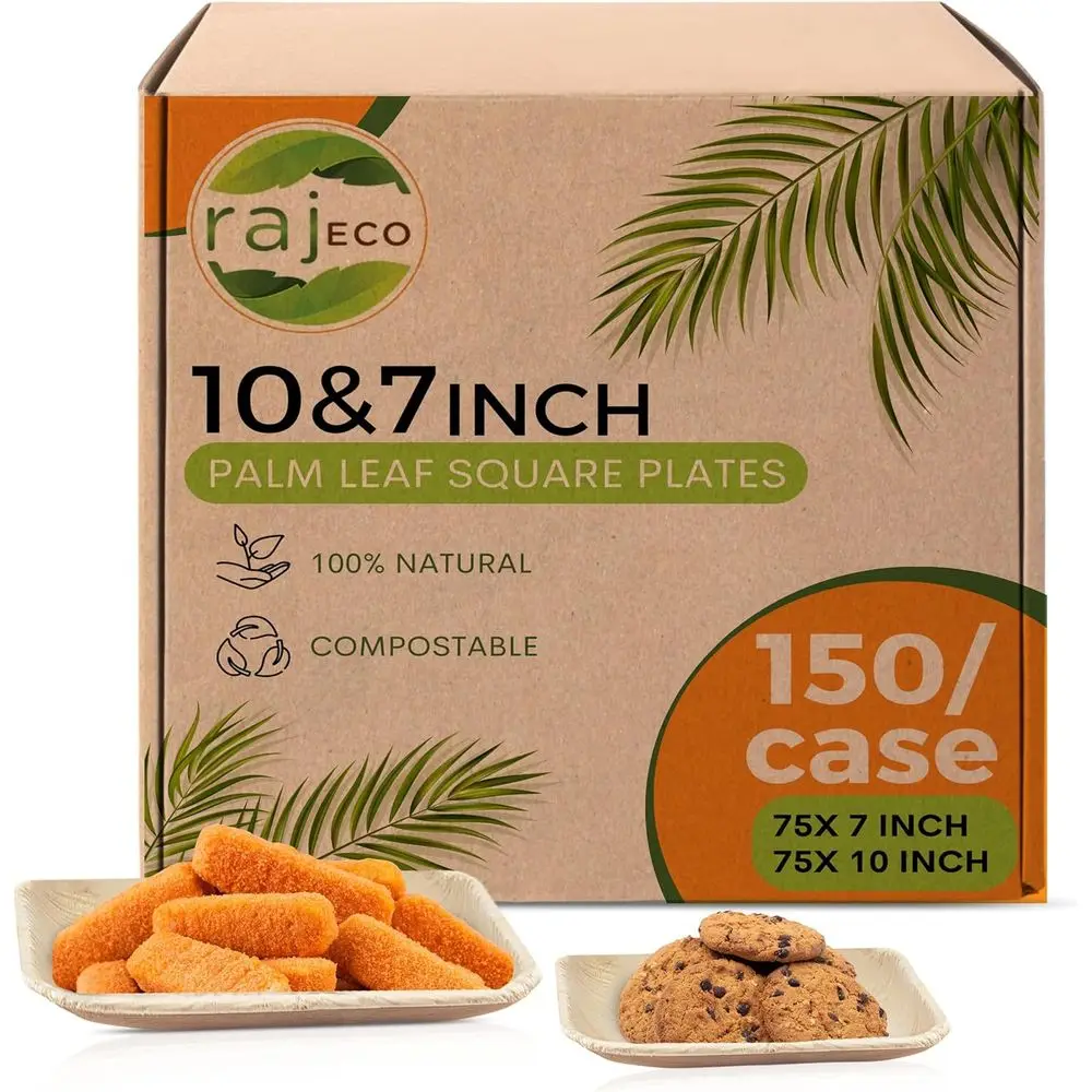 

Raj Palm Lea Plates Bulk [50-Pack] 10" & 7" Square Plates (3 CASES - 150 PACK) like Bamboo plates Disposable, Strong, Decorative
