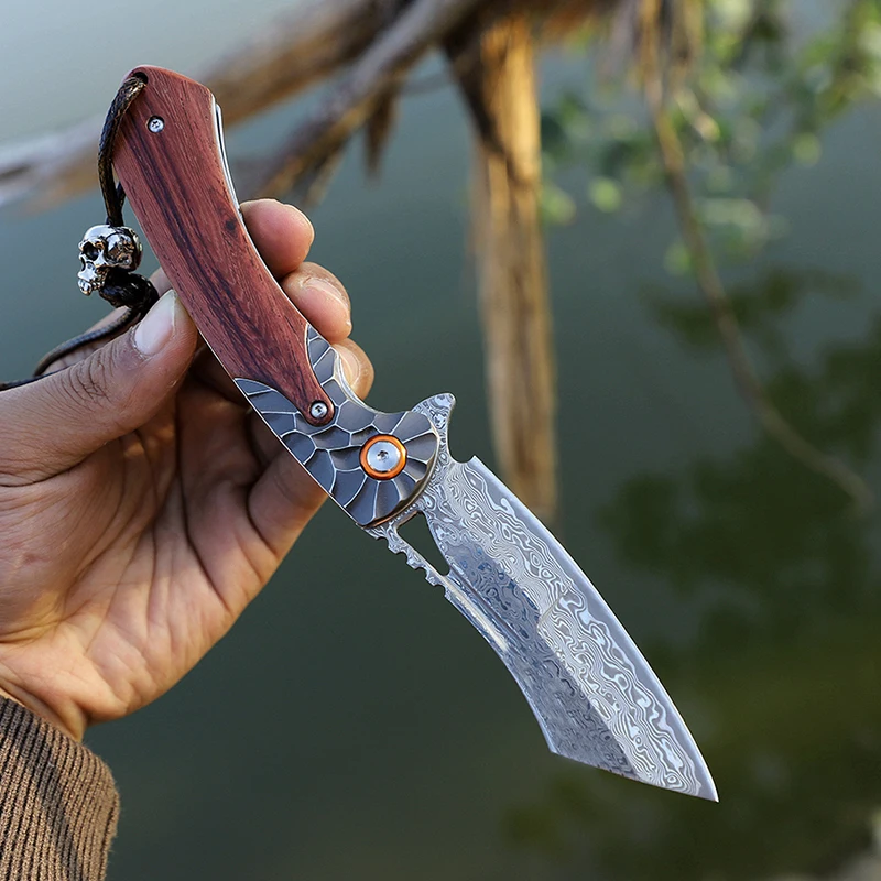 Faca de bolso de aço damasco de alta qualidade, faca dobrável de caça de aventura, faca de bolso de acampamento de montanhismo EDC com bainha