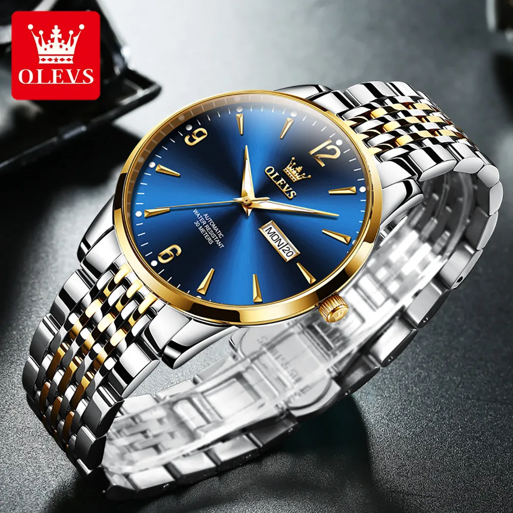 OLEVS 9928 Mens Watch Original Mechanical Watch Waterproof Luminous Watch for Man Stainless Steel Reloj Dual Calendar Display