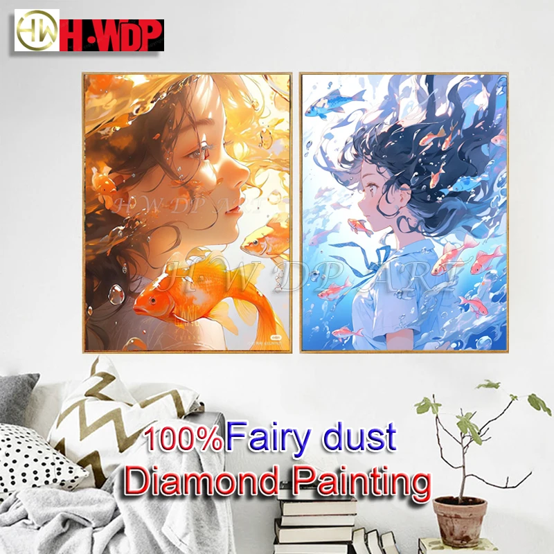 Goldfish Girls 100% Fairy Dust 5D DIY Diamond Painting Set Embroidery Jewelry Mosaic Cross Stitch Home Decor Children Gift Craft