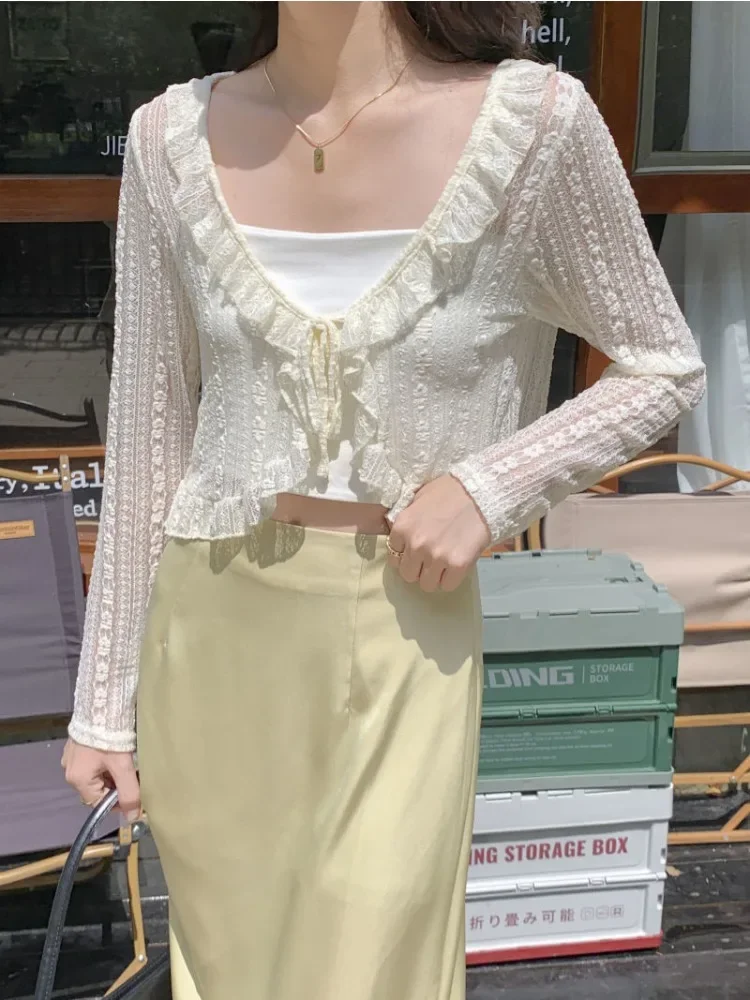 

Женские солнцезащитные куртки с v-образным вырезом, милые летние мягкие оборки, милая шикарная праздничная тонкая верхняя одежда с длинными рукавами в корейском стиле, стильная верхняя одежда