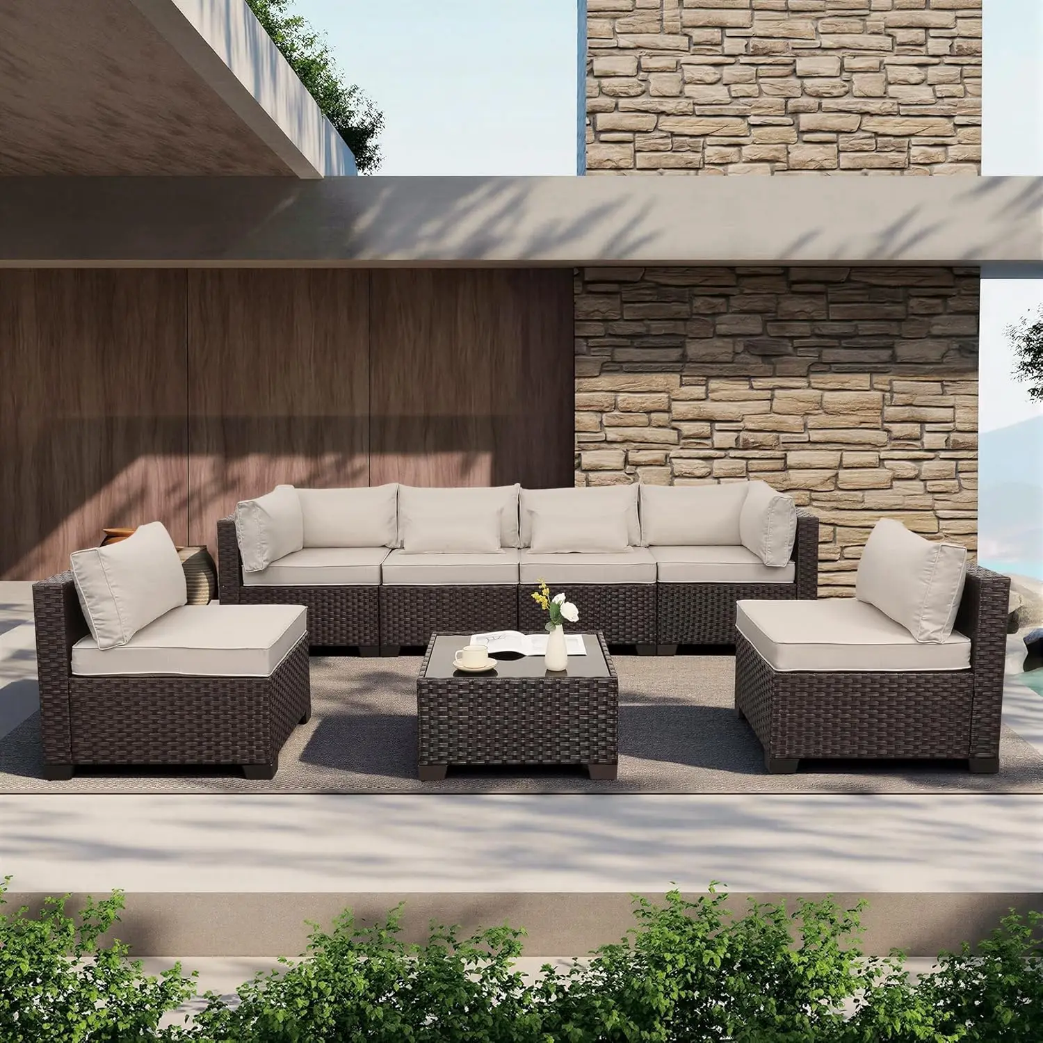 

Outdoor Patio Furniture Set 7 Pieces Wicker Sectional Sofa Brown Rattan Conversation Couch with Coffee Table, Anti-Slip Thick Be