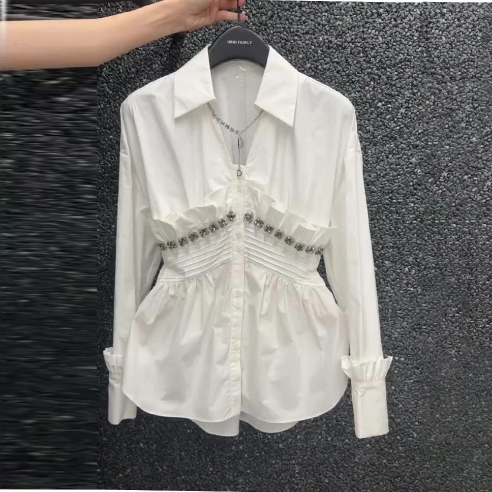 

Дизайнерская рубашка с длинными рукавами и кружевными бусинами в виде листьев лотоса, женская осенняя рубашка 2025, новая плиссированная рубашка на талии, топ в иностранном стиле