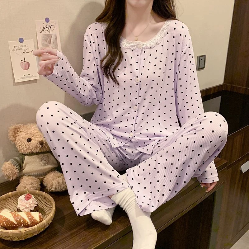

2025 Autumn Long Sleeve Modal Print Pajama Sets for Women Korean Cute Lace Sleepwear Pyjama Homewear Pijama Mujer Home Clothes