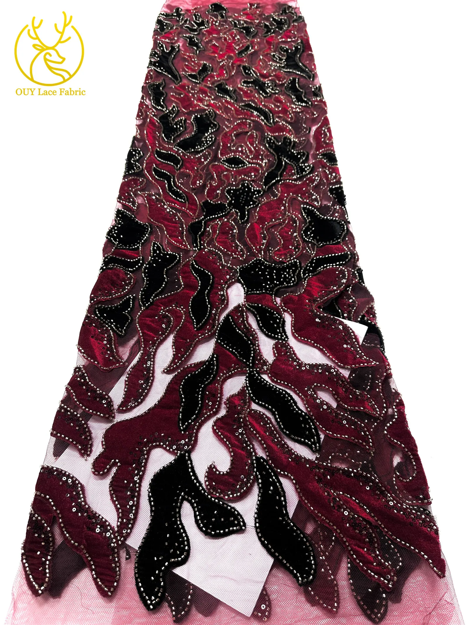 Roter Samtstoff mit Perlen und Pailletten, Spitzenstoff 2026, eleganter bestickter Tüllstoff für Bräutigam, französisches Hochzeitskleid, Abendkleid, zum Nähen, 5 Yards – Detail 17