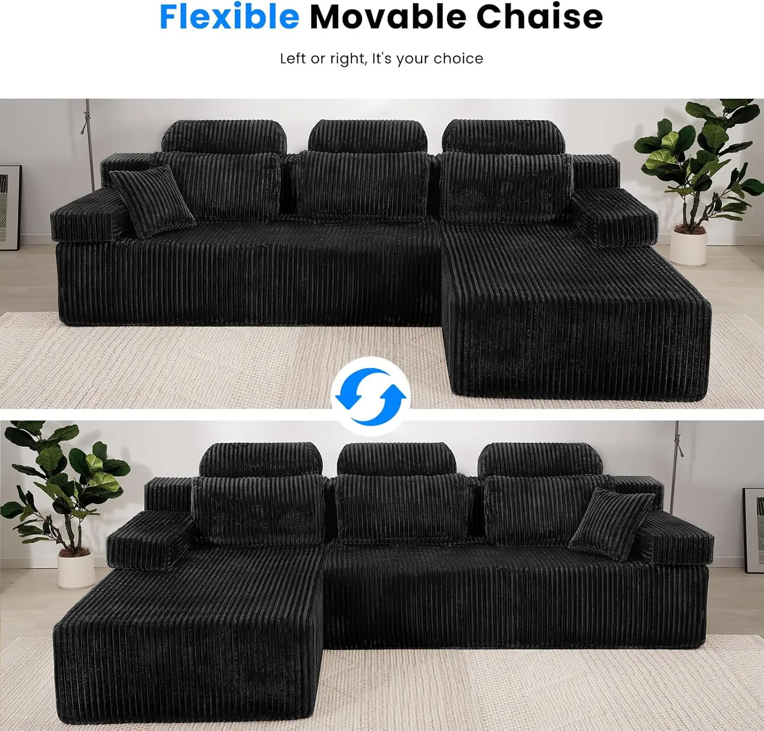 أريكة مقسمة بمسند ظهر مرتفع مقاس 106 بوصة، أريكة مقطعية على شكل حرف L قابلة للتحويل بمواجهة اليسار أو اليمنى، سروال قصير سحابي، بون