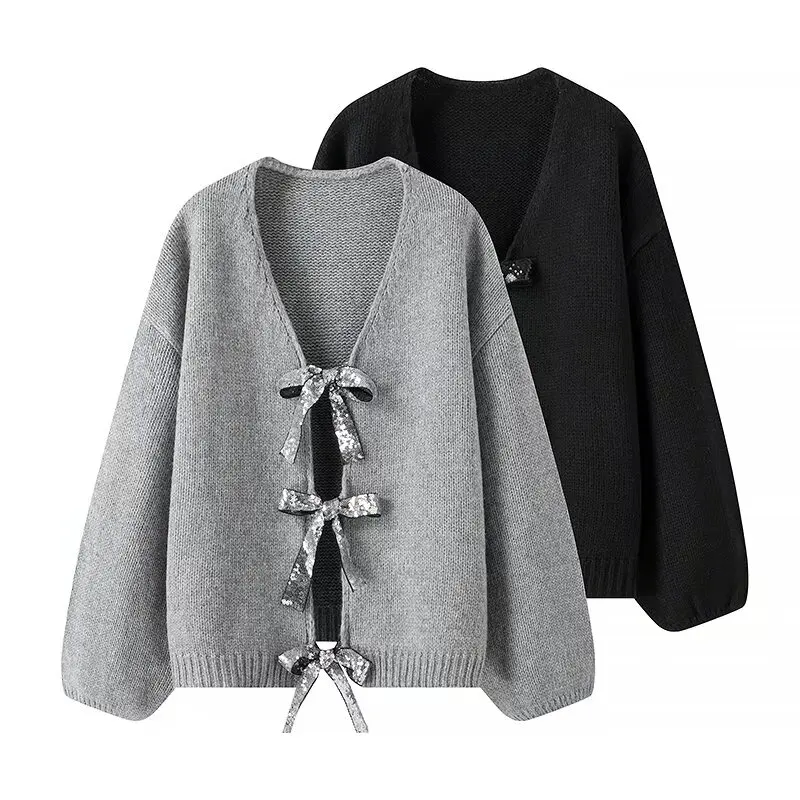 Women\'s Grey Cardigan Knit Sweater Harajuku 90s Y2k Long Sleeves Bow V-Neck Jumper Sweater Vintage Fashion 2000s Clothes Autumn