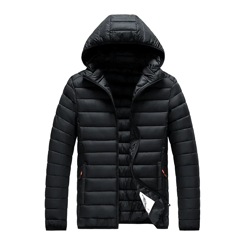 2024 New Men\'s Lightweight Padded Jackets Autumn Spring Warm Demi-season Hooded Zip-up Parka Black Big Size Coat Male Outerwear