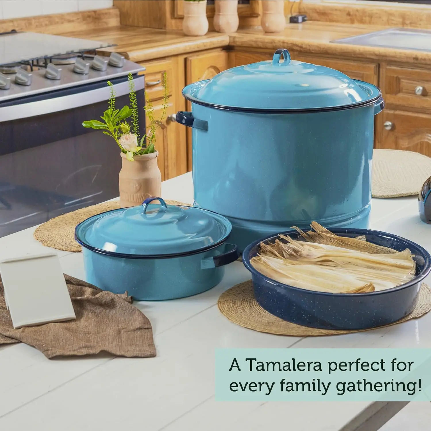 Conjunto de panelas de aço esmaltado de 6 peças com vaporizador, forno holandês e prato multiuso, azul turquesa