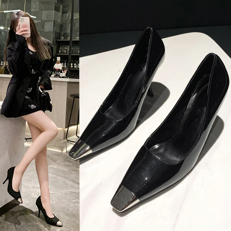 

European and American Black Square Headed Bun with Thin High Heels, Sexy Sandals for Women in Summer High Heels Womenmetal Head