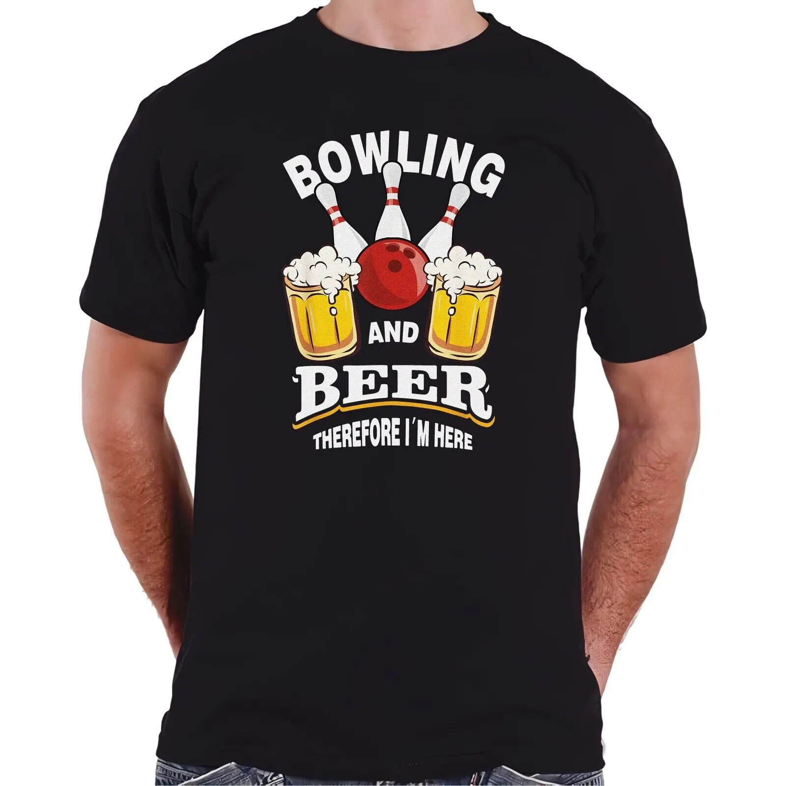 

NEW LIMITED Bowling And Beer Therefore I'm Here Design Tee T-Shirt S-3XL